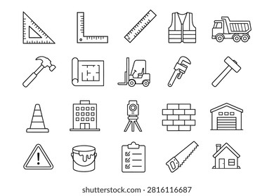 Construction Icons Set with Building Tools, Industrial Machinery, and Architecture Line Art Vector