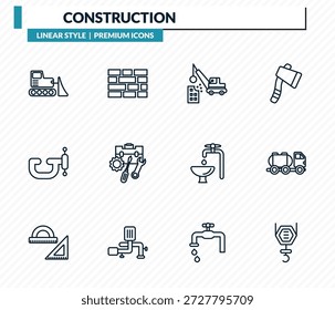 conjunto de ícones de construção - bulldozer, parede de tijolo, demolição, caminhão tanque, coleção de vetor de gancho de polia.