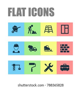 Construction icons set with cement vehicle, wall, lifting hook and other lifting hook elements. Isolated vector illustration construction icons.