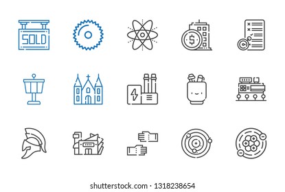 construction icons set. Collection of construction with atoms, glove, mall, helmet, pencil case, industry, church, control tower, planning. Editable and scalable construction icons.