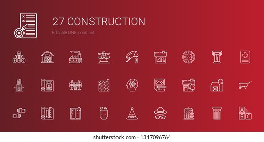 construction icons set. Collection of construction with building, hat, pencil case, window, blueprint, glove, house, planning, atom. Editable and scalable construction icons.