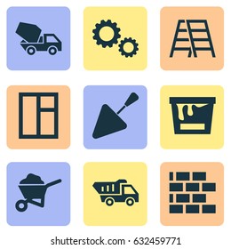 Construction Icons Set. Collection Of Carry Cart, Cement Vehicle, Spatula And Other Elements. Also Includes Symbols Such As Barrow, Mechanism, Cogwheel.