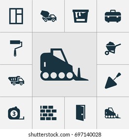 Construction Icons Set. Collection Of Carry Cart, Cement Vehicle, Truck And Other Elements. Also Includes Symbols Such As Tape, Tractor, Door.