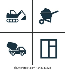 Construction Icons Set. Collection Of Cement Vehicle, Digger, Carry Cart And Other Elements. Also Includes Symbols Such As Wheelbarrow, Vehicle, Barrow.