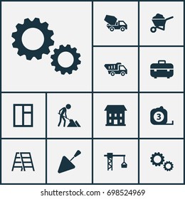 Construction Icons Set. Collection Of Cement Vehicle, Lifting Hook, Truck And Other Elements. Also Includes Symbols Such As Window, Climb, Cement.