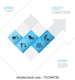 Construction Icons Set. Collection Of Cement Vehicle, Lifting Hook, Digger And Other Elements. Also Includes Symbols Such As Maintenance, Stair, Vehicle.