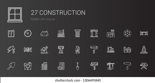 construction icons set. Collection of construction with crane, roller, shovel, planning, building, house, mall, paint roller, helmet. Editable and scalable construction icons.