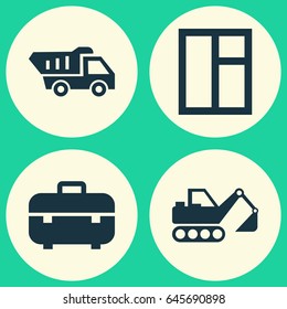 Construction Icons Set. Collection Of Digger, Glass Frame, Truck And Other Elements. Also Includes Symbols Such As Vehicle, Excavator, Glass.