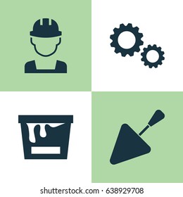 Construction Icons Set. Collection Of Engineer, Spatula, Paint Bucket And Other Elements. Also Includes Symbols Such As Gear, Paint, Cogwheel.