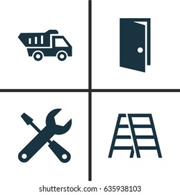 Construction Icons Set. Collection Of Entrance, Truck, Stair And Other Elements. Also Includes Symbols Such As Vehicle, Tipper, Door.