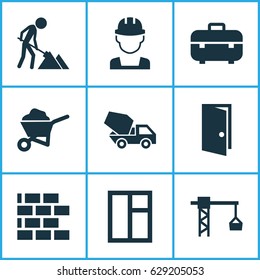Construction Icons Set. Collection Of Equipment, Maintenance, Carry Cart And Other Elements. Also Includes Symbols Such As Mixer, Wall, Cement.