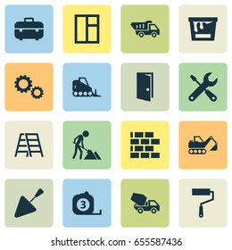 Construction Icons Set. Collection Of Equipment, Spatula, Measure Tool And Other Elements. Also Includes Symbols Such As Tractor, Stair, Service.