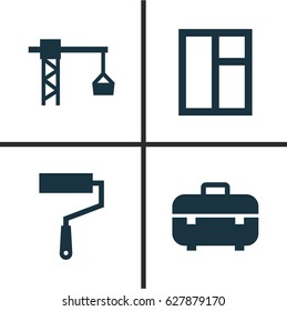 Construction Icons Set. Collection Of Glass Frame, Lifting Hook, Equipment And Other Elements. Also Includes Symbols Such As Case, Glass, Crane.