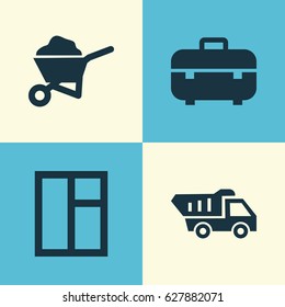 Construction Icons Set. Collection Of Glass Frame, Carry Cart, Truck And Other Elements. Also Includes Symbols Such As Tipper, Case, Frame.