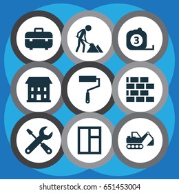 Construction Icons Set. Collection Of Glass Frame, Paint Roller, Service And Other Elements. Also Includes Symbols Such As Wall, Brickwork, Vehicle.
