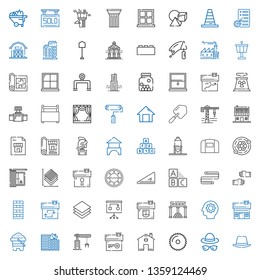 construction icons set. Collection of construction with hat, saw, home, house, crane, building, sand, gear, temple of apollo, planning. Editable and scalable construction icons.