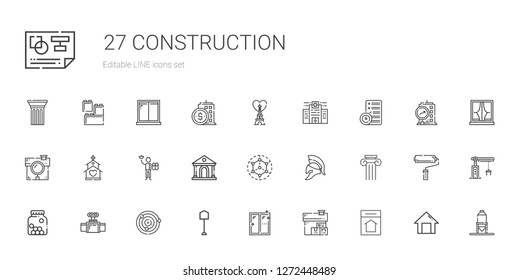 construction icons set. Collection of construction with home, house, window, shovel, atoms, valve, cones, column, helmet, modeling, museum. Editable and scalable construction icons.