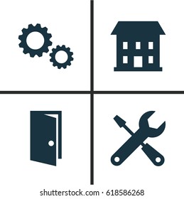 Construction Icons Set. Collection Of Home, Cogwheel, Entrance And Other Elements. Also Includes Symbols Such As Gear, Repair, Home.