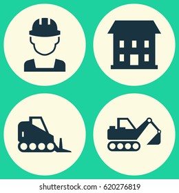 Construction Icons Set. Collection Of Home, Digger, Engineer And Other Elements. Also Includes Symbols Such As Bulldozer, Vehicle, House.