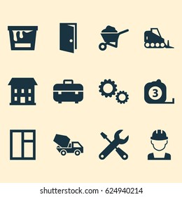 Construction Icons Set. Collection Of Home, Carry Cart, Cement Vehicle And Other Elements. Also Includes Symbols Such As Wheelbarrow, Measure, Paint.