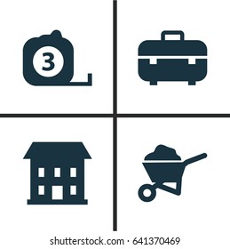 Construction Icons Set. Collection Of Home, Carry Cart, Equipment And Other Elements. Also Includes Symbols Such As Equipment, Wheelbarrow, Measure.
