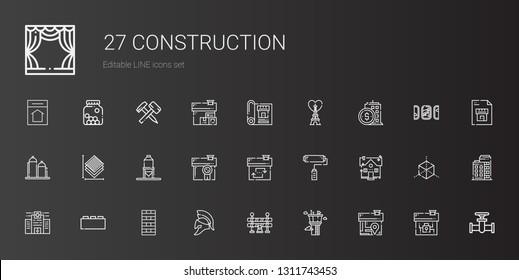 construction icons set. Collection of construction with house, control tower, traffic barrier, helmet, chimney, bricks, hospital, paint roller. Editable and scalable construction icons.