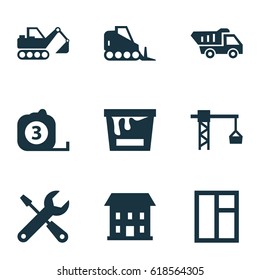 Construction Icons Set. Collection Of Lifting Hook, Truck, Paint Bucket And Other Elements. Also Includes Symbols Such As Can, House, Tower.