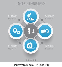 Construction Icons Set. Collection Of Lifting Hook, Measure Tool, Digger And Other Elements. Also Includes Symbols Such As Maintenance, Gear, Excavator.