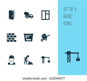 Construction Icons Set. Collection Of Lifting Hook, Carry Cart, Cement Vehicle And Other Elements. Also Includes Symbols Such As Wall, Worker, Hook.