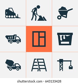 Construction Icons Set. Collection Of Maintenance, Glass Frame, Paint Bucket And Other Elements. Also Includes Symbols Such As Paint, Bulldozer, Vehicle.