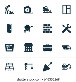 Construction Icons Set. Collection Of Measure Tool, Tractor, Carry Cart And Other Elements. Also Includes Symbols Such As Wheelbarrow, Measure, Equipment.