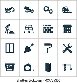 Construction Icons Set. Collection Of Measure Tool, Stair, Cogwheel And Other Elements. Also Includes Symbols Such As Bricklayer, Building, Glass.