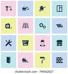 Construction Icons Set. Collection Of Measure Tool, Stair, Carry Cart And Other Elements. Also Includes Symbols Such As Wheelbarrow, Roller, Building.
