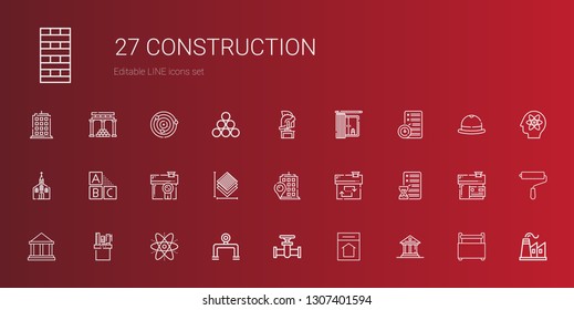 construction icons set. Collection of construction with museum, home, pipe, pipeline, atom, pencil case, planning, house, building, layers. Editable and scalable construction icons.
