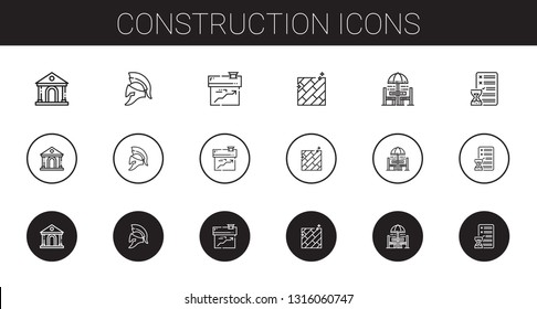 construction icons set. Collection of construction with museum, helmet, house, floor, chair and table, planning. Editable and scalable construction icons.