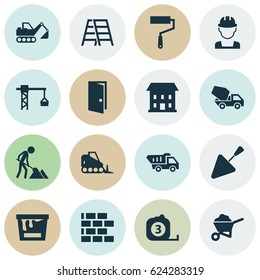 Construction Icons Set. Collection Of Paint Roller, Cement Vehicle, Engineer And Other Elements. Also Includes Symbols Such As Door, Hook, Bricklayer.