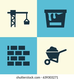 Construction Icons Set. Collection Of Paint Bucket, Wall, Lifting Hook And Other Elements. Also Includes Symbols Such As Can, Wall, Wheelbarrow.