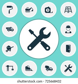 Construction Icons Set. Collection Of Paint Roller, Truck, Engineer And Other Elements. Also Includes Symbols Such As Builder, Stair, Tape.