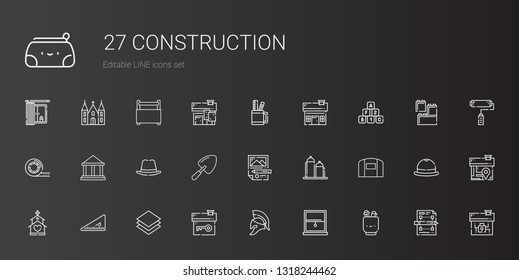 construction icons set. Collection of construction with pencil case, window, helmet, house, layer, set square, church, hangar, silo. Editable and scalable construction icons.