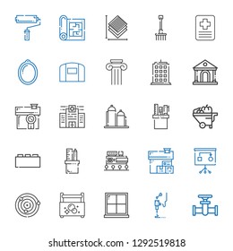 construction icons set. Collection of construction with pipe, d printer, window, toolbox, atoms, planning, house, mall, pencil case. Editable and scalable construction icons.