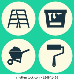 Construction Icons Set. Collection Of Stair, Paint Roller, Paint Bucket And Other Elements. Also Includes Symbols Such As Stepladder, Can, Bucket.