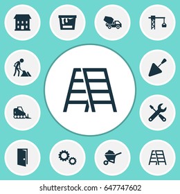 Construction Icons Set. Collection Of Stair, Spatula, Lifting Hook And Other Elements. Also Includes Symbols Such As Barrow, Vehicle, Tower.