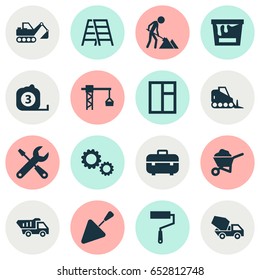 Construction Icons Set. Collection Of Stair, Glass Frame, Spatula And Other Elements. Also Includes Symbols Such As Case, Hook, Spatula.