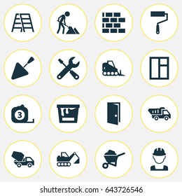 Construction Icons Set. Collection Of Tractor, Service, Wall And Other Elements. Also Includes Symbols Such As Tractor, Tipper, Measure.