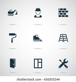 Construction Icons Set. Collection Of Tractor, Service, Glass Frame And Other Elements. Also Includes Symbols Such As Stepladder, Tractor, Builder.