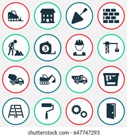 Construction Icons Set. Collection Of Truck, Entrance, Tractor And Other Elements. Also Includes Symbols Such As Measure, Truck, Bucket.