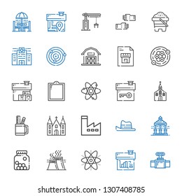 construction icons set. Collection of construction with valve, house, atom, industry, cones, veranda, hat, factory, church, pencil case. Editable and scalable construction icons.