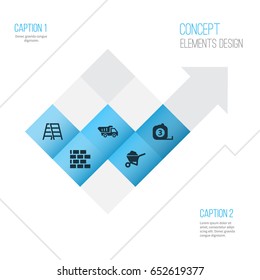 Construction Icons Set. Collection Of Wall, Carry Cart, Truck And Other Elements. Also Includes Symbols Such As Vehicle, Measure, Brickwork.