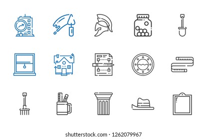 construction icons set. Collection of construction with window, hat, column, pencil case, rake, measuring tape, planning, house, shovel. Editable and scalable construction icons.