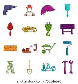 Construction icons set. Doodle illustration of vector icons isolated on white background for any web design
